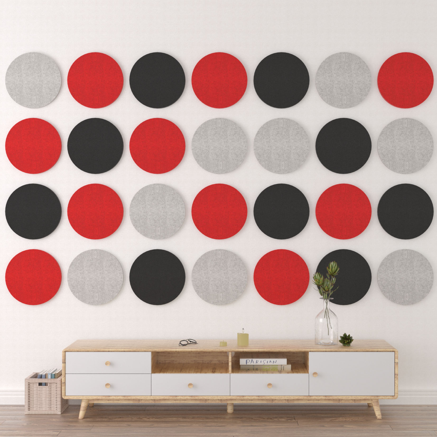 black, grey and red shapes round panel